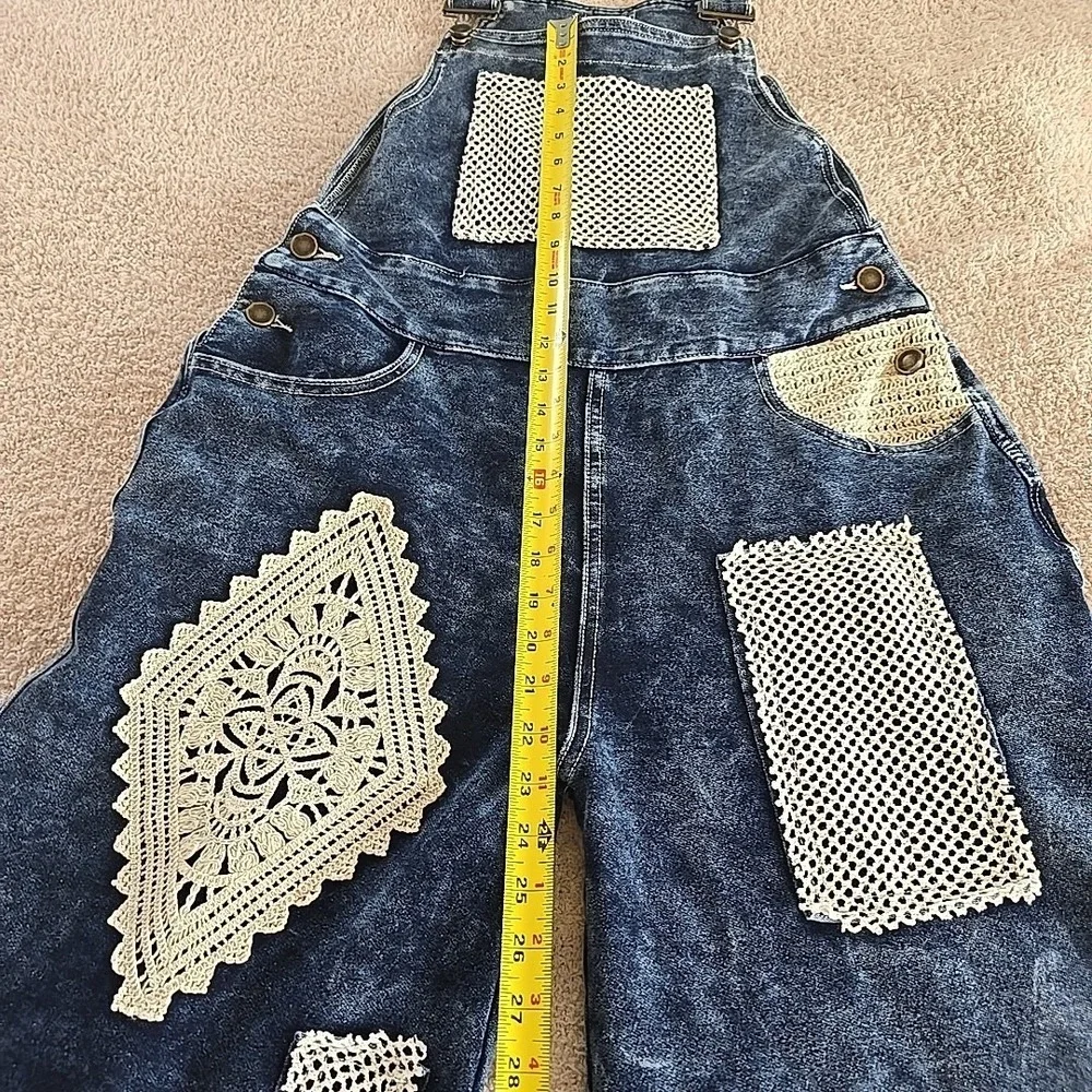 POL Denim Dark Wash Overalls Wide Leg Crochet Patchwork Size S NWT Boho - Picture 14 of 16